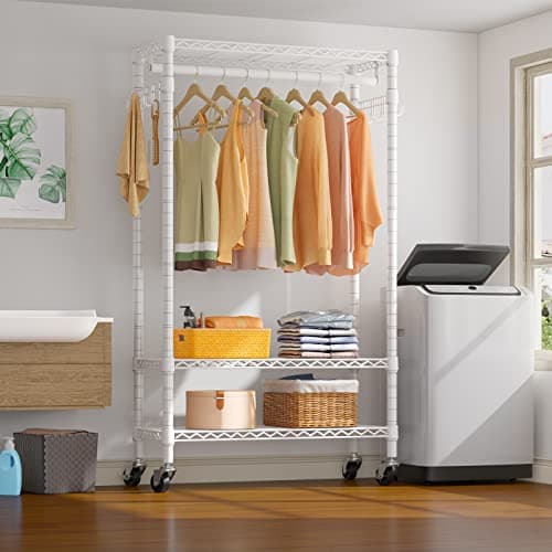 Heavy Duty Rolling Clothing Rack with Wheels and Hooks
