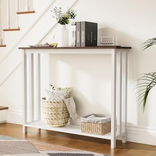 Solid Wood Console Table with Storage Shelves, Rustic White