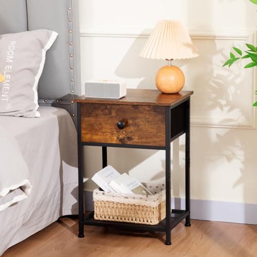 AMHANCIBLE Rusic Brown Night Stand Set with Fabric Drawer HET03SDBR