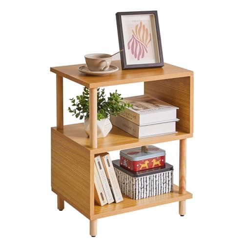 Wooden Night Stand with Open Shelf - 3-Tier, S-Shaped Bedside Table, 20” Natural Wood YD-TM152N