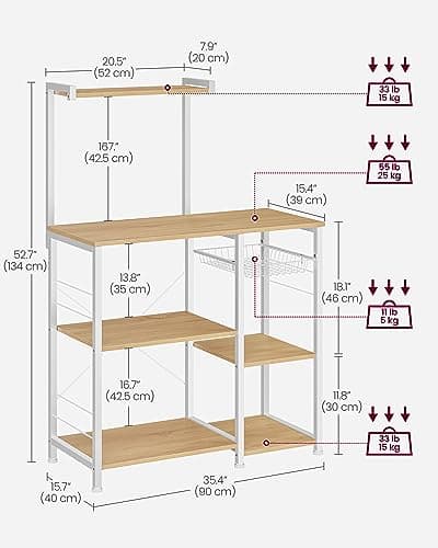 Kitchen Storage Rack with Wire Basket, 6 Hooks, and Shelves