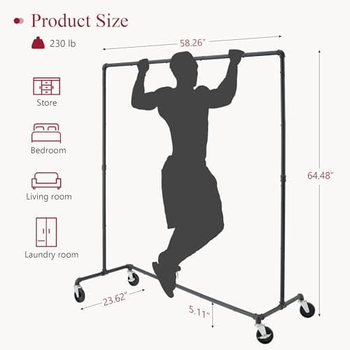 Industrial Clothing Rack for Hanging Clothes, Heavy Duty 230LBS Capacity, Lockable Wheels, Black