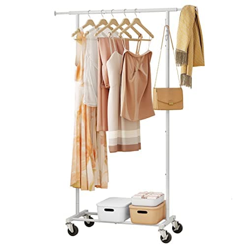 Gewudraw Black Garment Rack with Wheels, Extendable Clothing Rack with Shelves and Hooks