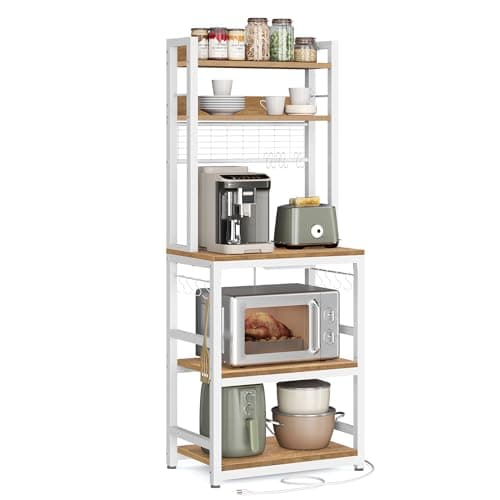 VASAGLE Microwave Stand with Power Outlet, 14 Hooks, 66.9 Inches Tall UKKS037W41