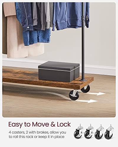 VASAGLE Industrial Pipe Rolling Clothing Rack with Shelf, Rustic Brown and Black UHSR65BX