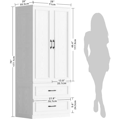 LIKIMIO 70 Wooden Wardrobe Closet with 2 Doors and 2 Drawers - Freestanding White Design for Bedroom Storage