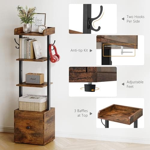 Vertical Shoe Rack with Hooks - Rustic Brown