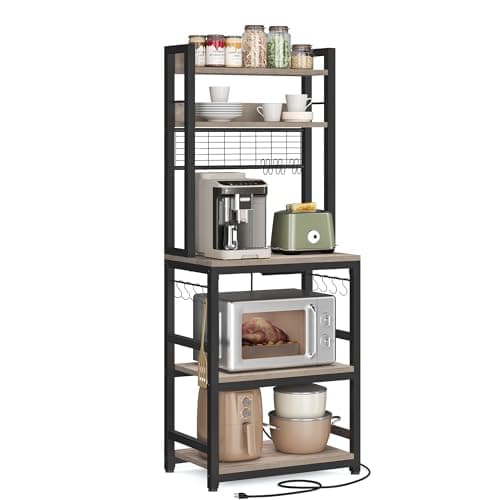 VASAGLE Microwave Stand with Power Outlet, 14 Hooks, 66.9 Inches Tall UKKS037W41