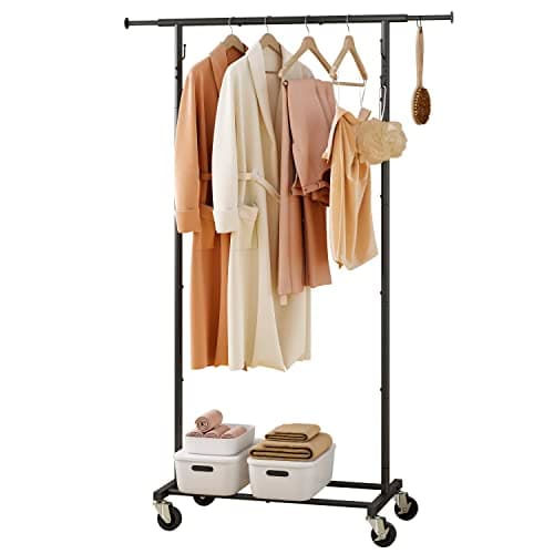 Gewudraw Black Garment Rack with Wheels, Extendable Clothing Rack with Shelves and Hooks