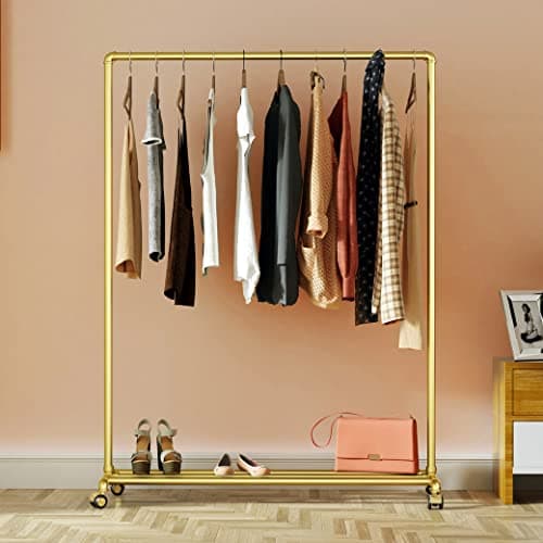 DR.IRON Gold Pipe Clothing Rack with Bottom Shelf & Wheels Modern Closet Organizer