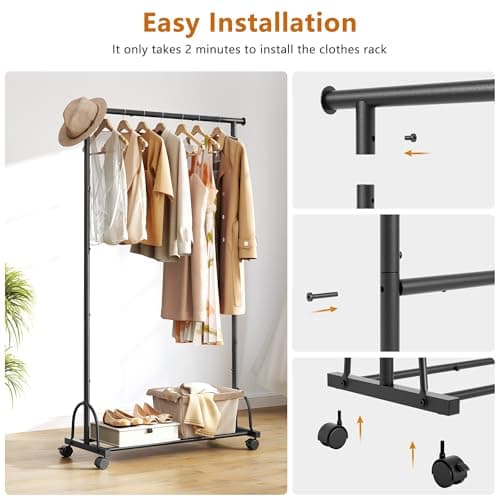 Gewudraw Rolling Clothes Rack with Shelf - Easy Assembly, Sturdy Design