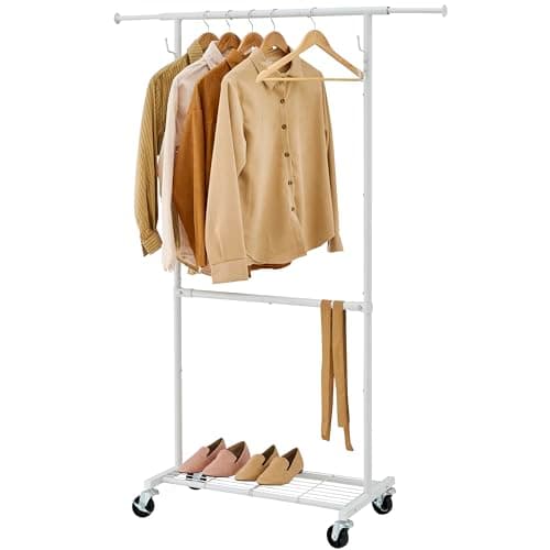 Gewudraw Black Garment Rack with Wheels, Extendable Clothing Rack with Shelves and Hooks