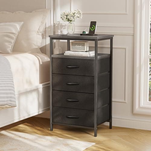 Huuger 33.9 Inch Tall Night Stand with Charging Station & 4 Drawers, Gray