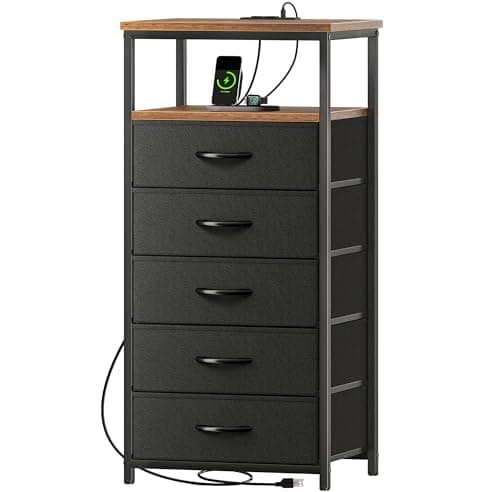 Huuger 33.9 Inch Tall Night Stand with Charging Station & 4 Drawers, Gray