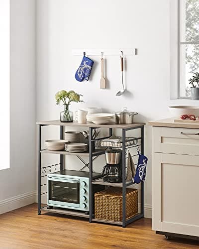 VASAGLE ALINRU Kitchen Baker's Rack, Coffee Bar Stand, 6 Hooks, Steel Wire Basket, Mini Oven Spices Utensils, Industrial