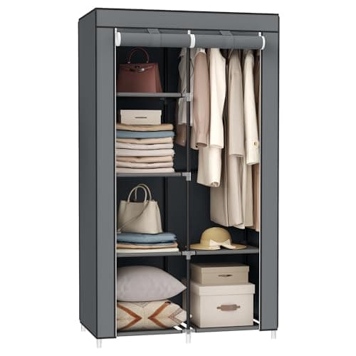 SONGMICS 6-Shelf Portable Closet with Hanging Rail, Grey URYG84GY