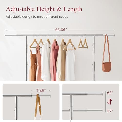 Heavy Duty Clothes Rack with Wheels and Extendable Rod, Freestanding Clothing Rack for Hanging Clothes, Adjustable Rolling Racks