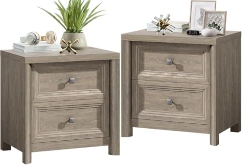 Farmhouse White Night Stands Set of 2, 2 Drawer Storage, Large Rustic Wood Bedside Tables