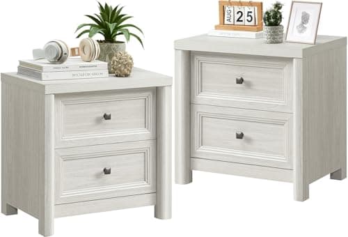 Farmhouse White Night Stands Set of 2, 2 Drawer Storage, Large Rustic Wood Bedside Tables