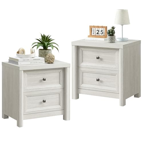 Farmhouse White Night Stands Set of 2, 2 Drawer Storage, Large Rustic Wood Bedside Tables
