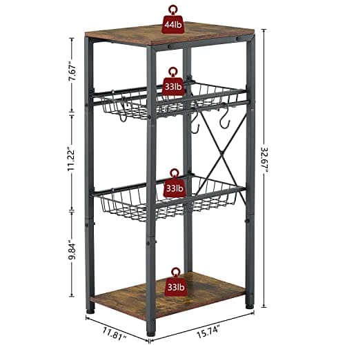 Kitchen Bakers Rack with Storage Shelf, Wire Basket & Hooks - Rustic Brown