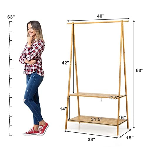 Bamboo Clothing Rack with Anti-tipping Devices and Storage Shelves