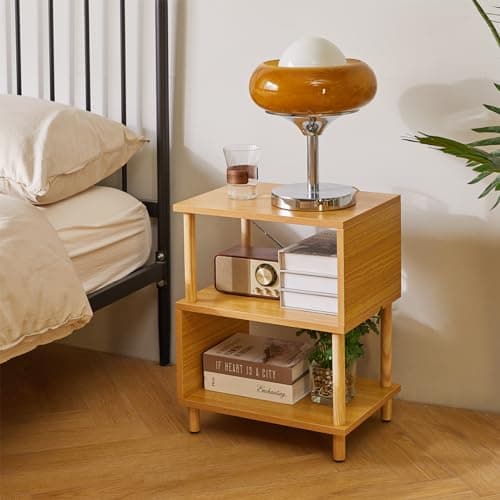 Wooden Night Stand with Open Shelf - 3-Tier, S-Shaped Bedside Table, 20” Natural Wood YD-TM152N