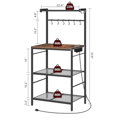 Rustic Brown Bakers Rack with Charging Station & 6 Hooks BRHR35E01