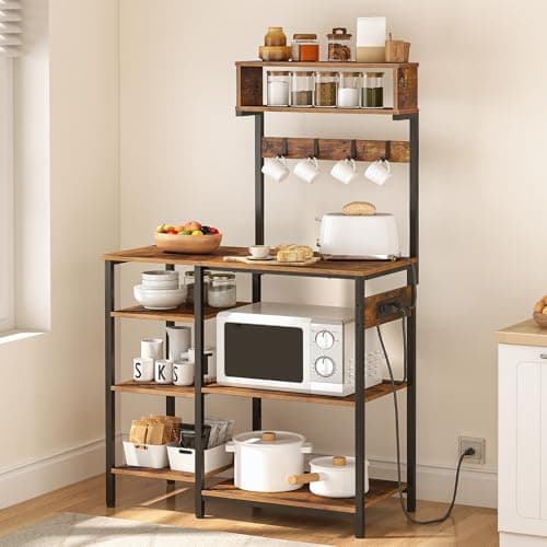 HOOBRO 35.4 Inch Bakers Rack with Power Outlet & 6 Tiers Storage, Rustic Brown & Black