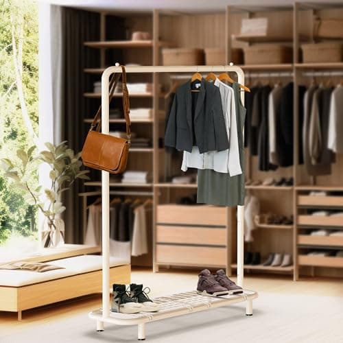 Industrial White Clothing Rack with Bottom Shelves