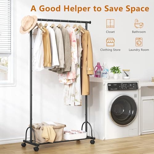 Gewudraw Rolling Clothes Rack with Shelf - Easy Assembly, Sturdy Design