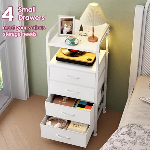 Fixwal Tall Night Stand with Charging Station, LED White Nightstand and 4 Fabric Drawers