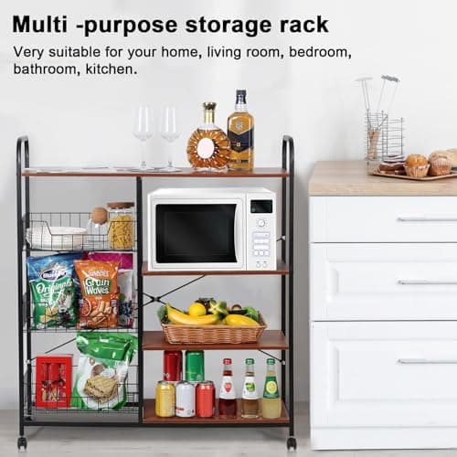 4-Tier Bakers Rack with Storage & Wheels, Coffee Bar with 3 Wire Basket, Utility Microwave Stand with Cabinet, Kitchen Organizer Shelf, Vintage Brown