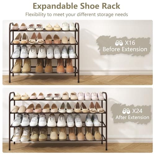 Adjustable 4-Tier Shoe Rack Organizer for Bedroom Entryway Closet, Brown