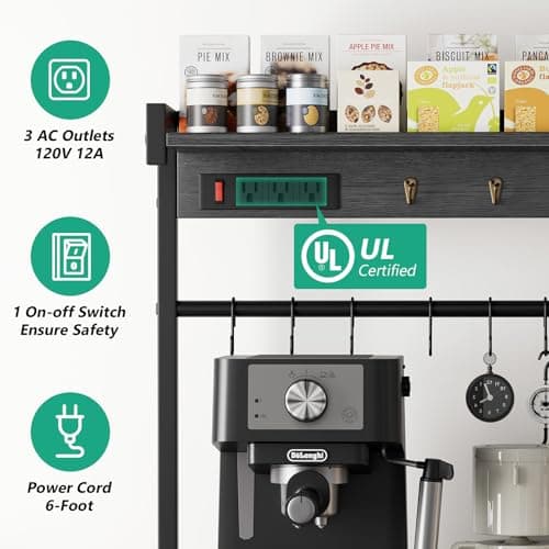 Gray Oak Large Bakers Rack with Power Outlets, 38.8 Inches, 15 Hooks, 3 Wire Baskets