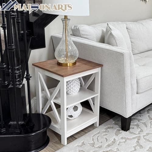 MAISON ARTS Set of 2 Farmhouse Ivory White End Tables for Living Room and Bedroom