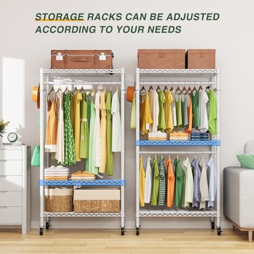 Heavy Duty 3-Tier Rolling Clothes Rack with Storage Shelves and Lockable Wheels - White.