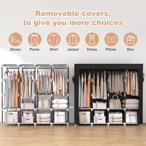 Portable Wardrobe Closet for Hanging Clothes: 67 Inch Wide, Large Capacity with Cover, 4 Shelves, 4 Rods - Sturdy Free Standing Closet for Bedroom (Black)