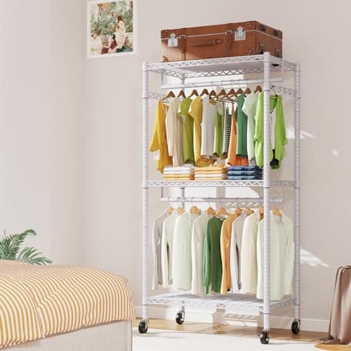 Heavy Duty 3-Tier Rolling Clothes Rack with Storage Shelves and Lockable Wheels - White.