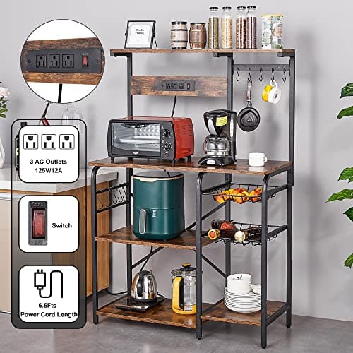 Kitchen Bakers Rack with Power Outlet and Storage