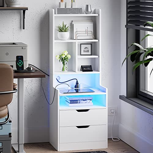 ADORNEVE Tall Night Stand with Charging Station & LED Lights, White with Bookshelf & Drawers