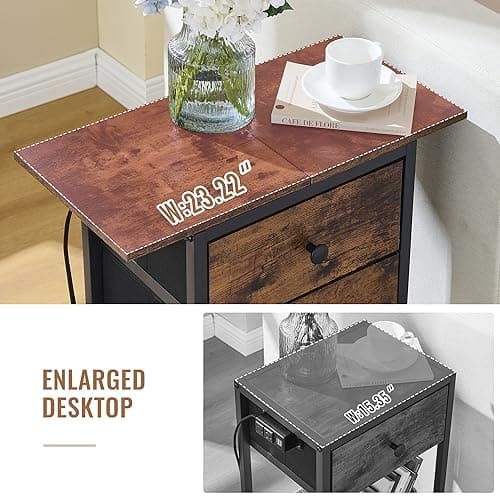 Rustic Brown End Table with 2 Drawers and 2-Tier Storage Shelf