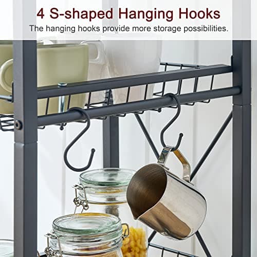 Kitchen Bakers Rack with Storage Shelf, Wire Basket & Hooks - Rustic Brown