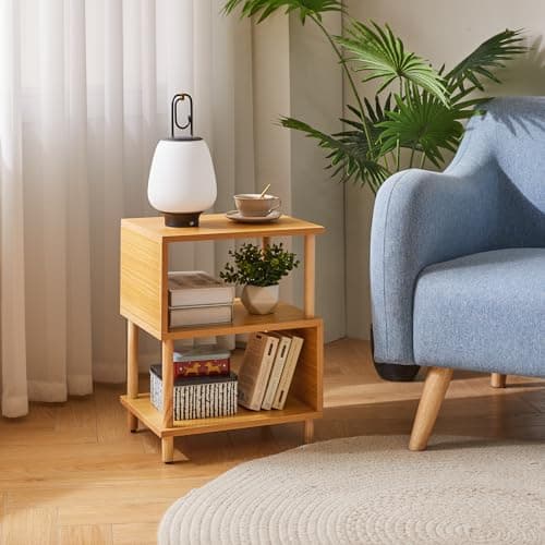 Wooden Night Stand with Open Shelf - 3-Tier, S-Shaped Bedside Table, 20” Natural Wood YD-TM152N