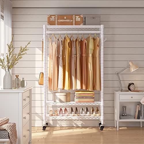 Heavy Duty Rolling Clothing Rack with Wheels and Hooks