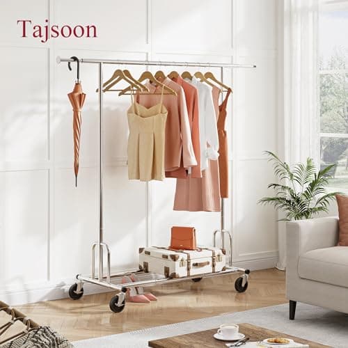 Heavy Duty Clothes Rack with Wheels and Extendable Rod, Freestanding Clothing Rack for Hanging Clothes, Adjustable Rolling Racks