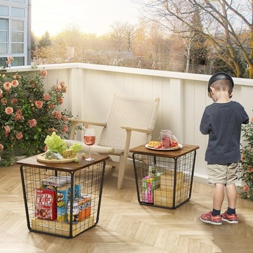 Nesting Coffee Table with Storage - Set of 2 Side Tables with Wire Basket