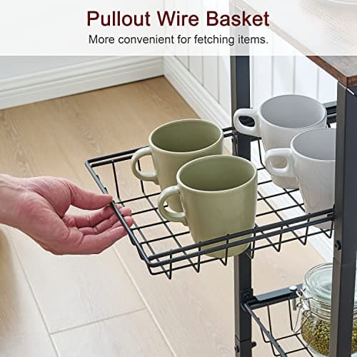 Kitchen Bakers Rack with Storage Shelf, Wire Basket & Hooks - Rustic Brown
