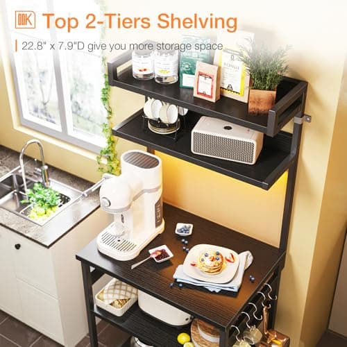 ODK 5-Tier Bakers Rack with Power Outlet, Black Kitchen Shelf