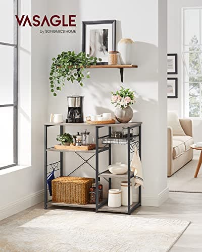 VASAGLE ALINRU Kitchen Baker's Rack, Coffee Bar Stand, 6 Hooks, Steel Wire Basket, Mini Oven Spices Utensils, Industrial